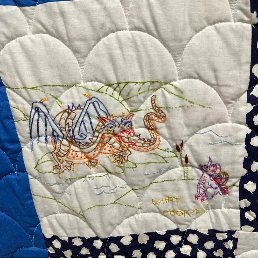Vintage Hand stitched dragon quilt whimisical fairytale blanket